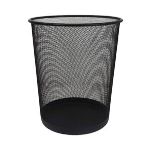 A black metal mesh round wastebasket for office and home from Estilion, opens at the top.