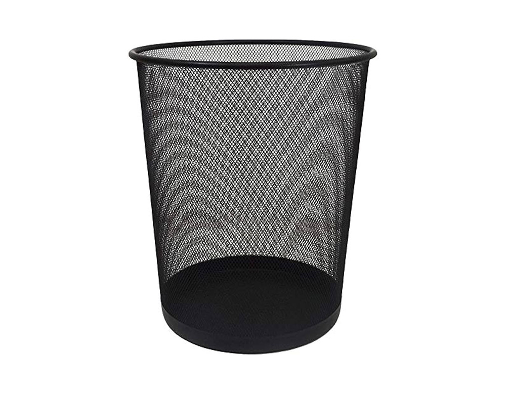 A black metal mesh round wastebasket for office and home from Estilion, opens at the top.